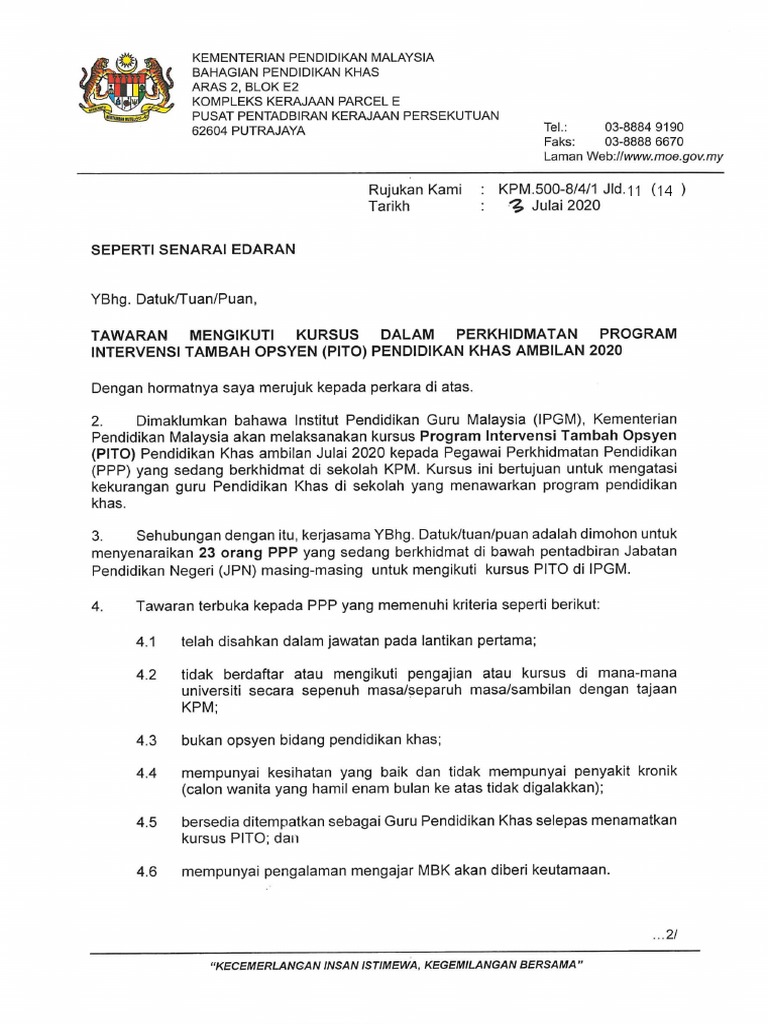 Tawaran Mengikuti Kursus Dalam Perkhidmatan Program Intervensi Tambah Opsyen Pito Pendidikan Khas Ambilan 2020 Pdf