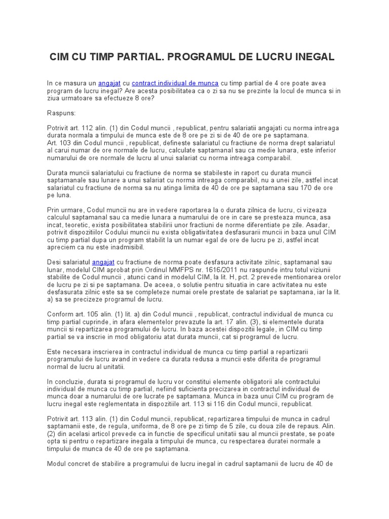 Cim Cu Timp Partial Programul De Lucru Inegal Angajat Contract Individual De Munca