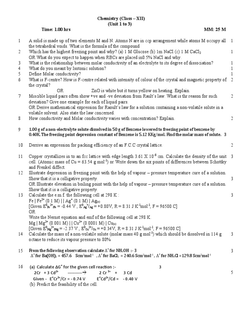 Class XII Chemistry Exam Questions | PDF | Solution | Mole (Unit)