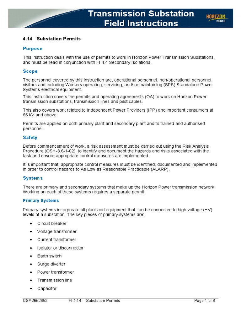 Substation Work Permit Guidelines | PDF | Electrical Substation ...