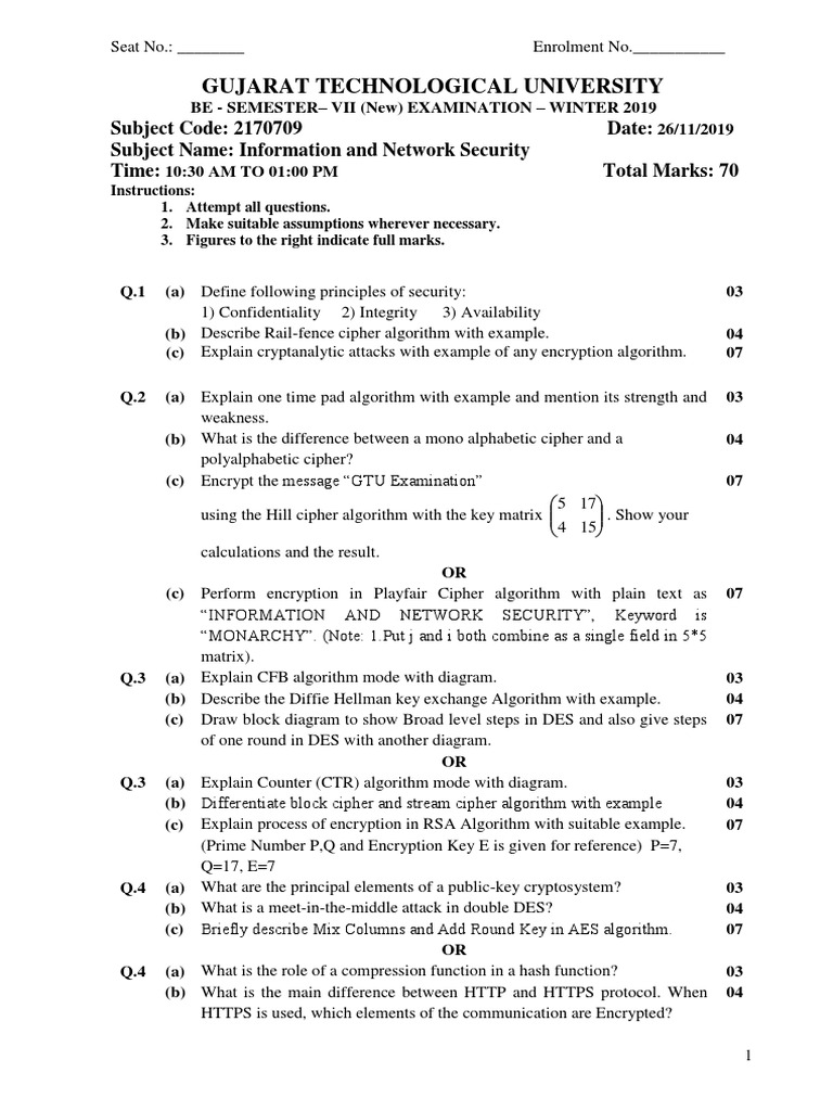 GTU Information and Network Security Exam Guide PDF Cryptography