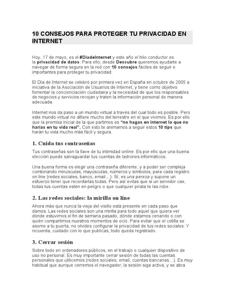 10 Consejos para Proteger Tu Privacidad en Internet | PDF | Privacidad ...