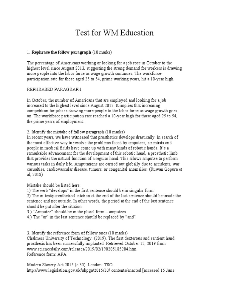 Test For WM Education PDF Amputation Prosthesis