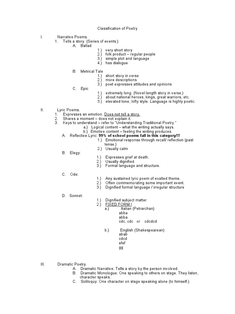 Types of Poetry Classification | PDF | Lyric Poetry | Poetry