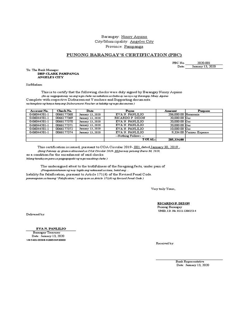 Punong Barangay'S Certification (PBC) : Barangay: Ninoy Aquino City ...