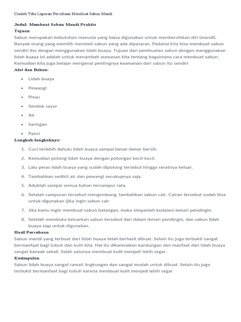 Contoh Teks Laporan Percobaan Membuat Sabun Mandi