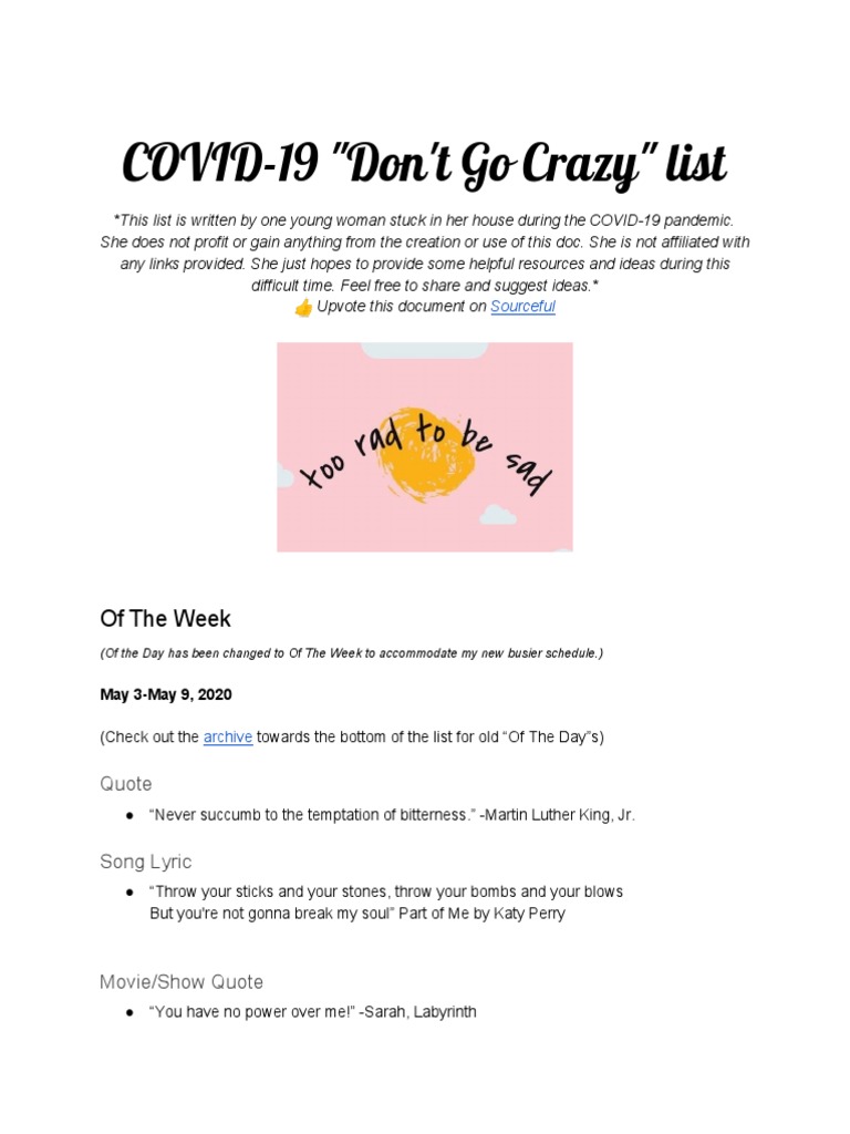 COVID-19 - Don't Go Crazy - List PDF | PDF | The Walt Disney Company | Star  Wars
