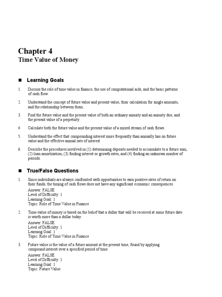 Time Value of Money Learning Goals PDF Present Value Time Value