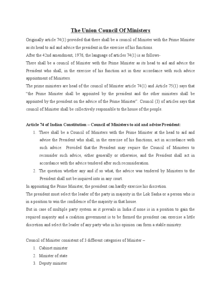The Union Council of Ministers Article 74 of Indian Constitution