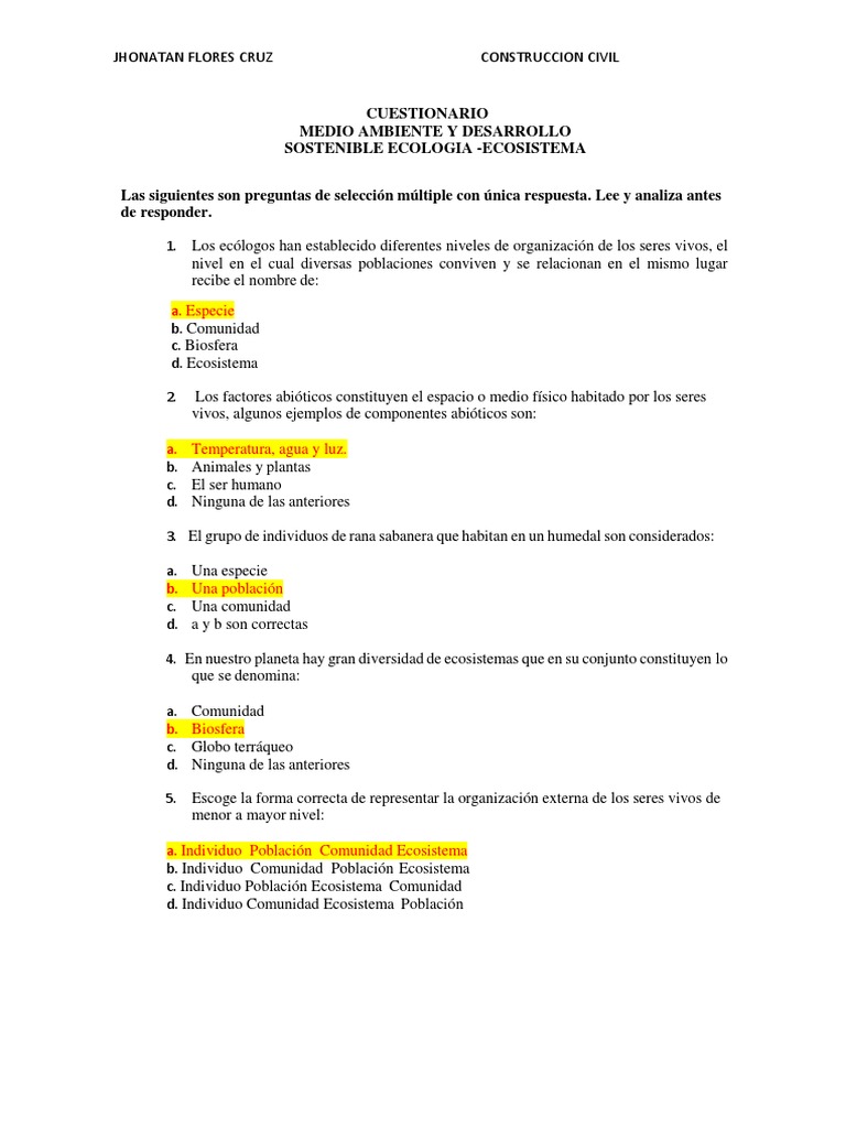 Cuestionario sobre Ecosistemas y Ecología | PDF | Red alimentaria ...
