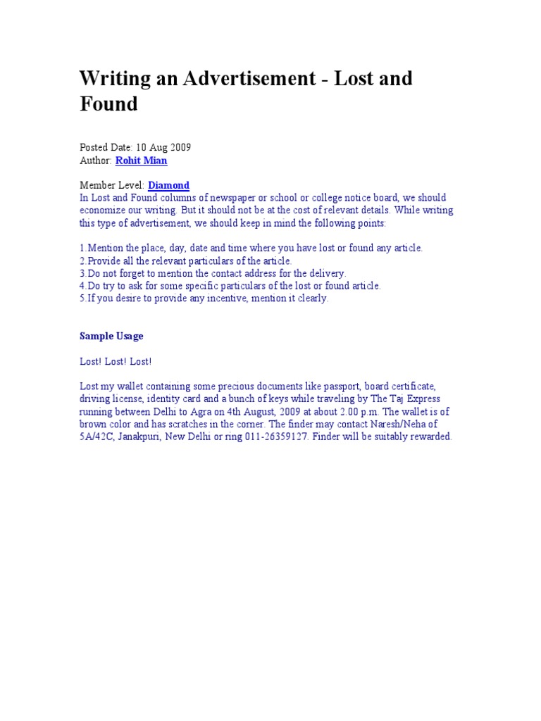Lost Wallet Advertisement Guidelines | PDF