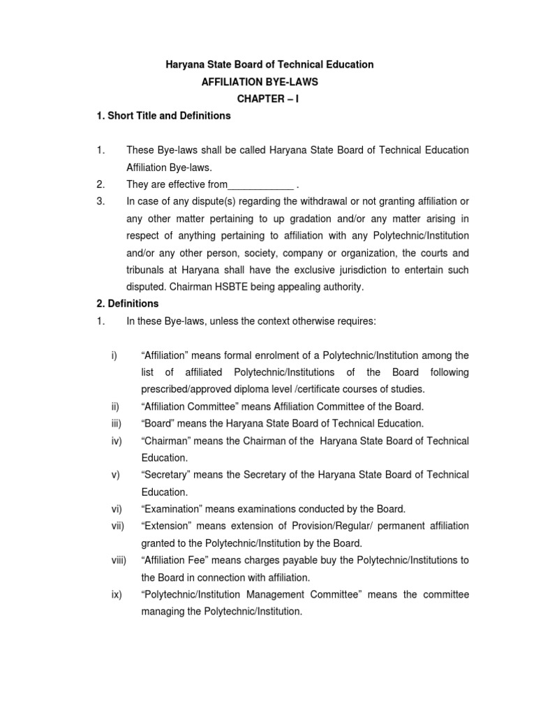 Haryana State Board of Technical Education Affiliation ByeLaws Chapter