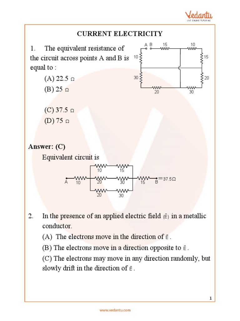 Neet Current Electricity Important Questions PDF | PDF | Series And ...
