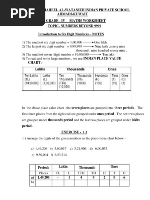 class 4 maths six digit no s worksheet pdf notation vocabulary