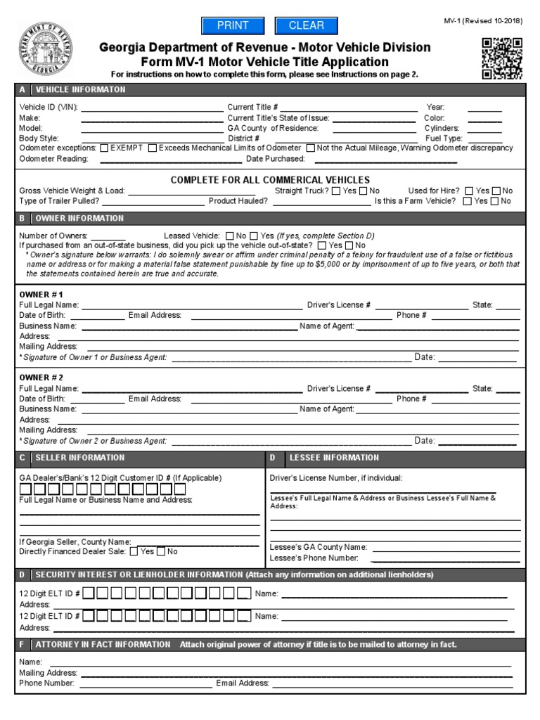Department of Revenue Motor Vehicle Division Form MV1 Motor