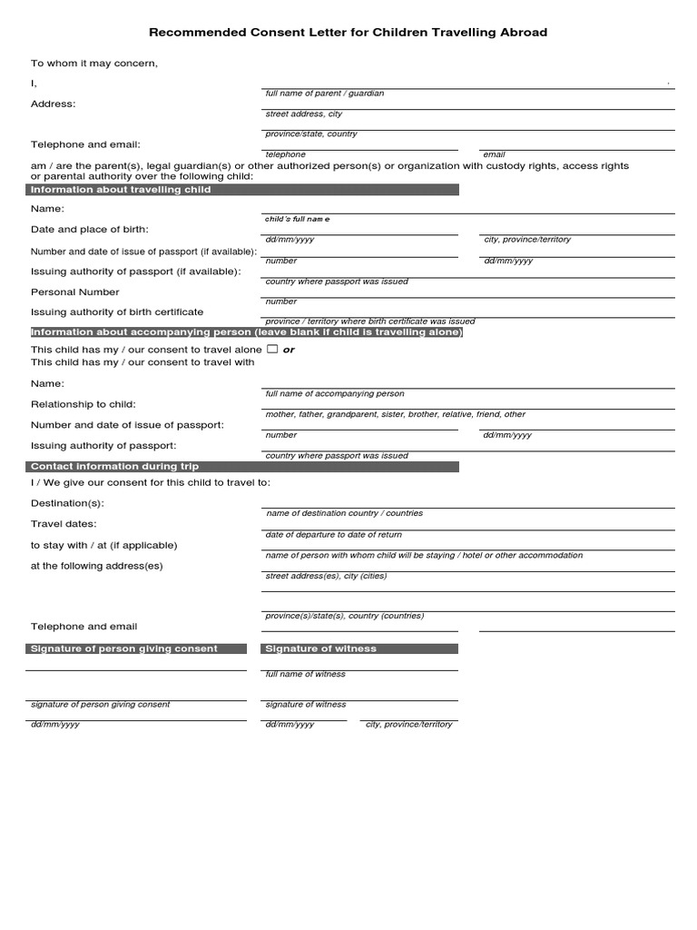 Consent Letter for Child Travel Abroad | PDF | Birth Certificate | Passport