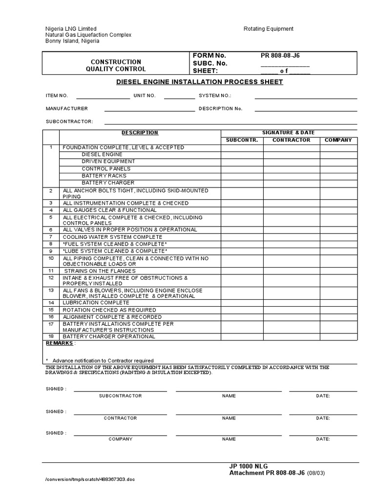 Diesel Engine Installation Checklist | PDF | Diesel Engine | Liquefied ...