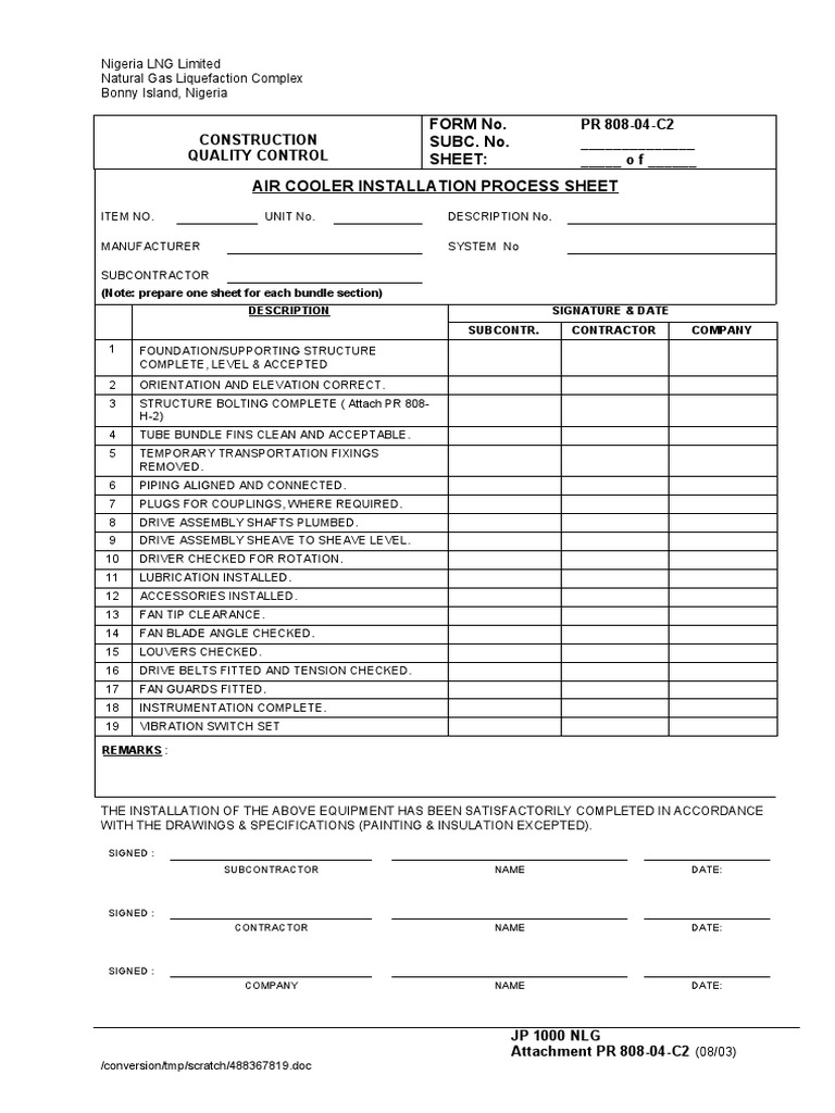 Form No. SUBC. No. Sheet: Air Cooler Installation Process Sheet | PDF ...