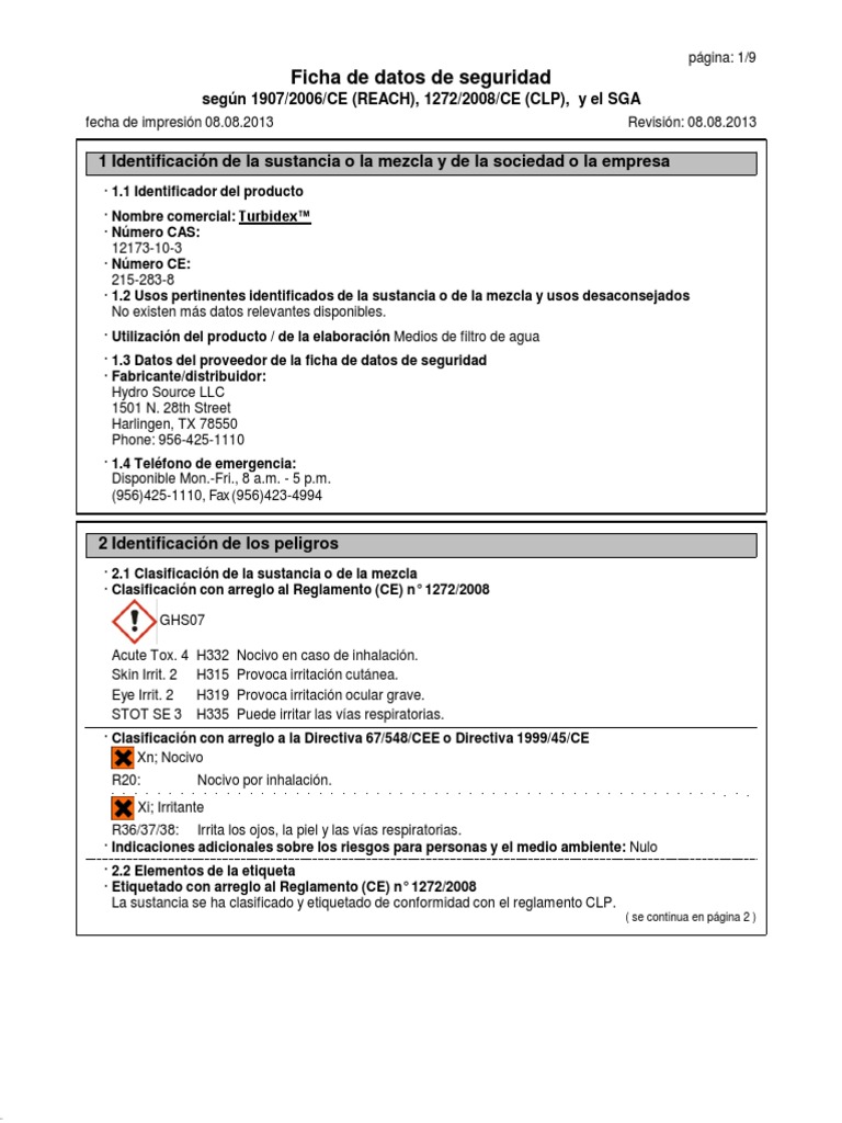 Turbidex MSDS | PDF | Toxicidad | Agua