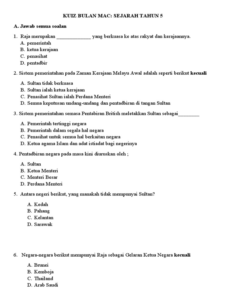 Ujian Mac Sejarah Tahun 5 Pdf