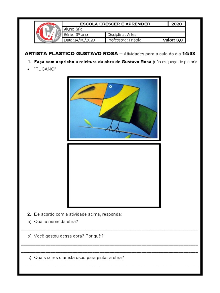 ATIVIDADE DE ARTES 3º ANO 06 de Agosto GUSTAVO ROSA | PDF