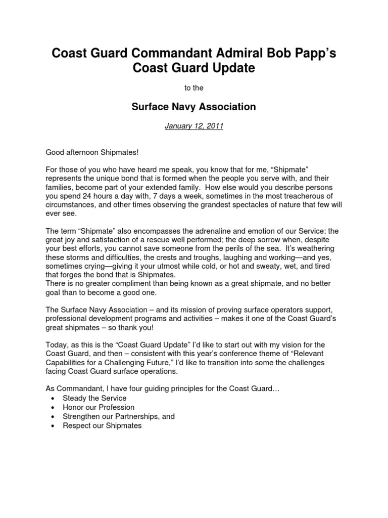 Coast Guard Commandant Admiral Bob Papp's Coast Guard Update To The ...