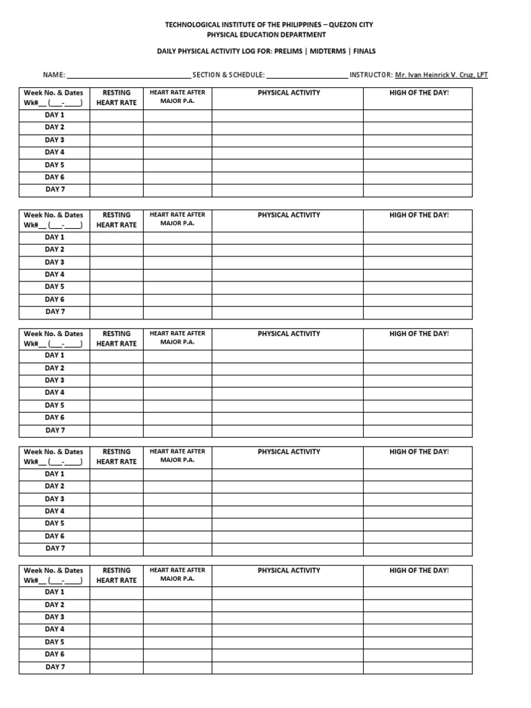 Daily Physical Activity Log Template | PDF | Wellness