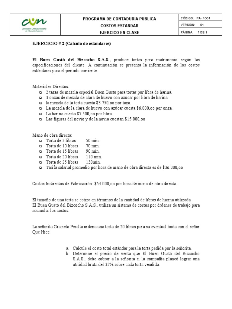 Ejercicio Costo Estandar 2 Pdf