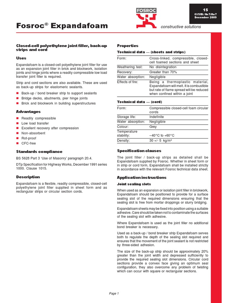 Fosroc Expandafoam ClosedCell Polyethylene Joint Filler, BackUp Strips and Cord Uses