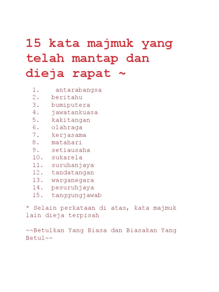 15 Kata Majmuk Yang Telah Mantap Dan Dieja Rapat Pdf