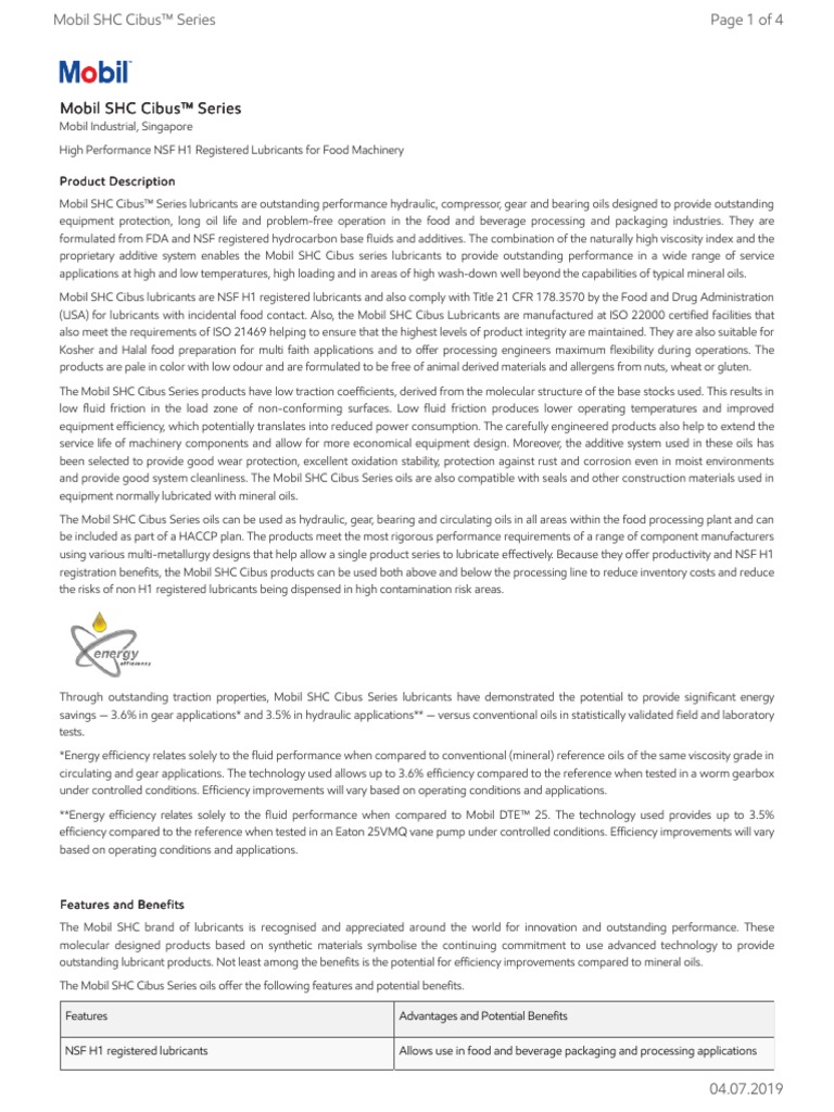 GLXXMobil SHC Cibus Series | PDF | Exxon Mobil | Lubricant