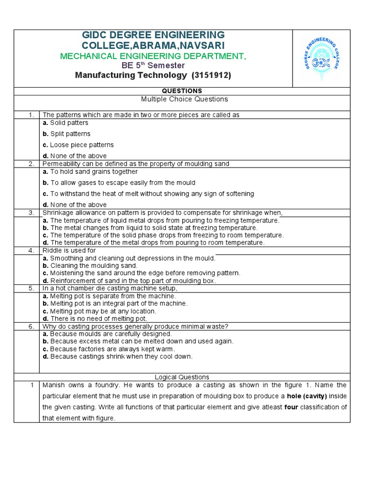 Manufacturing Technology Exam Questions | PDF | Foundry | Casting ...