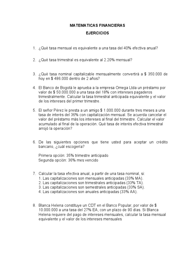 Ejercicios de Matemáticas Financieras | PDF | Finanzas y dinero | Negocios