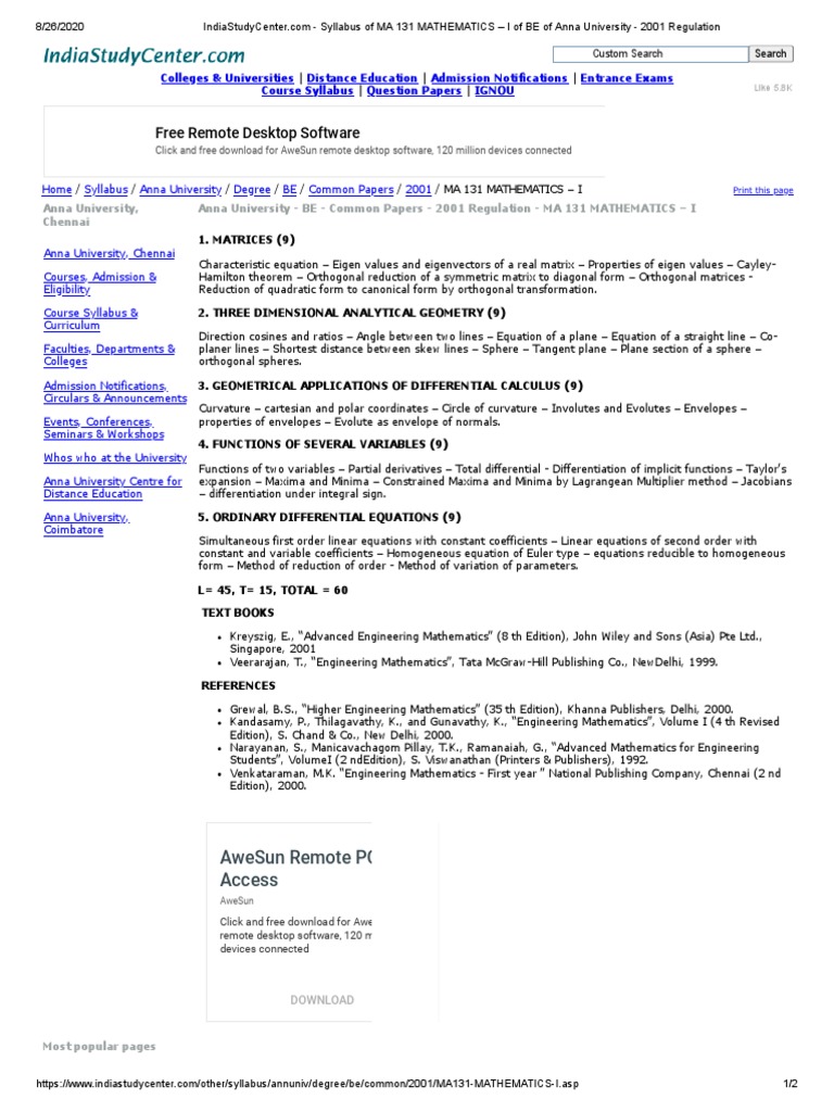 Syllabus Of Ma 131 Mathematics I Of Be Of Anna University 01 Regulation Pdf Matrix Mathematics Eigenvalues And Eigenvectors