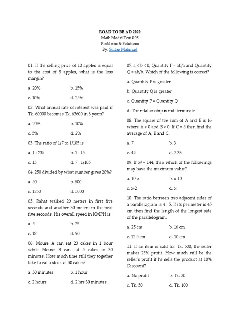 Math Model Test # 03 Problems & Solutions By:: Road To BB Ad 2020 | PDF ...