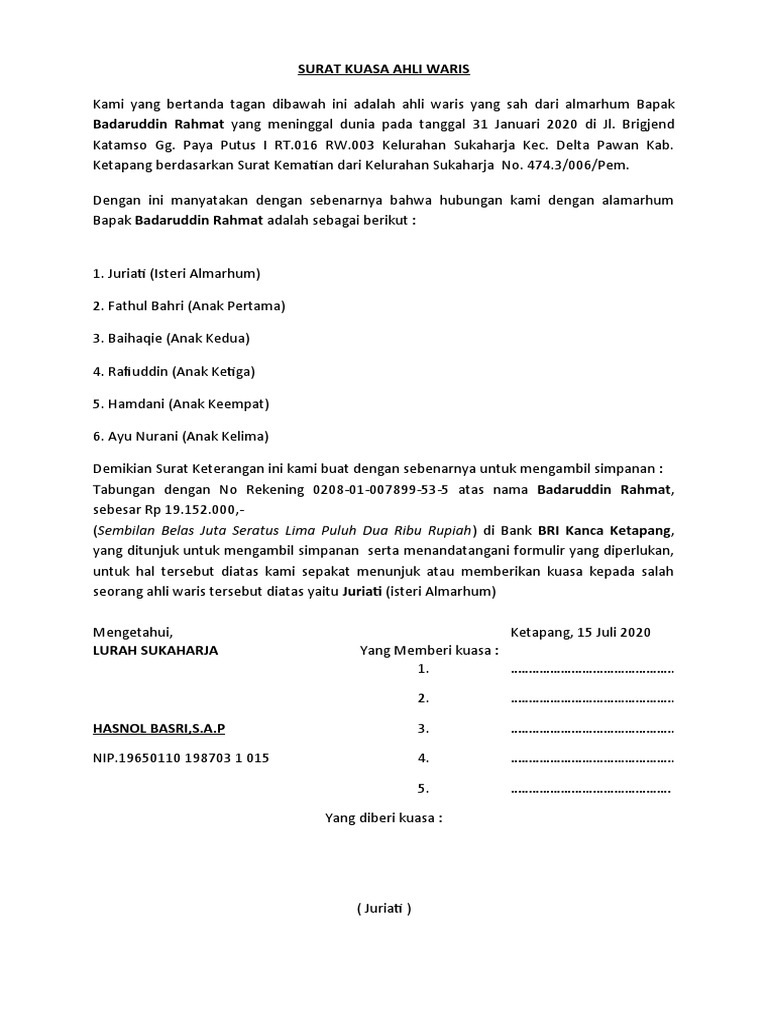 Contoh Surat Kuasa Ahli Waris Bank Pdf