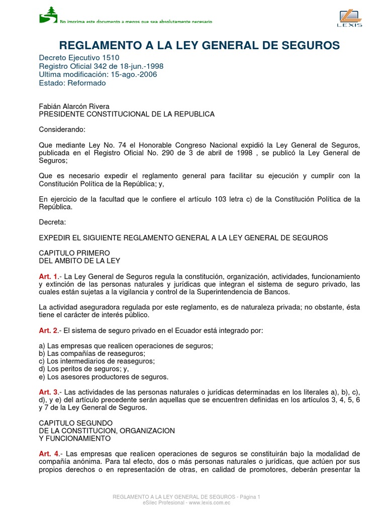 Reglamento Ley General de Seguros | PDF | Póliza de seguros | Reaseguro