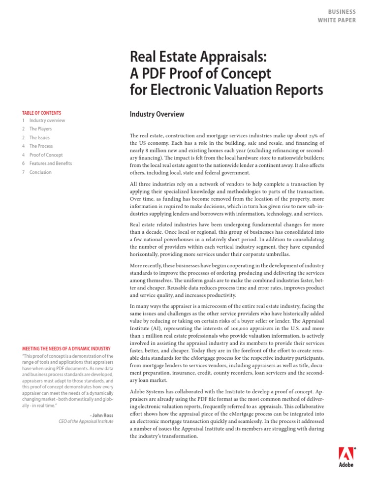 Real Estate Appraisals A PDF Proof of Concept For Electronic Valuation Reports PDF Real