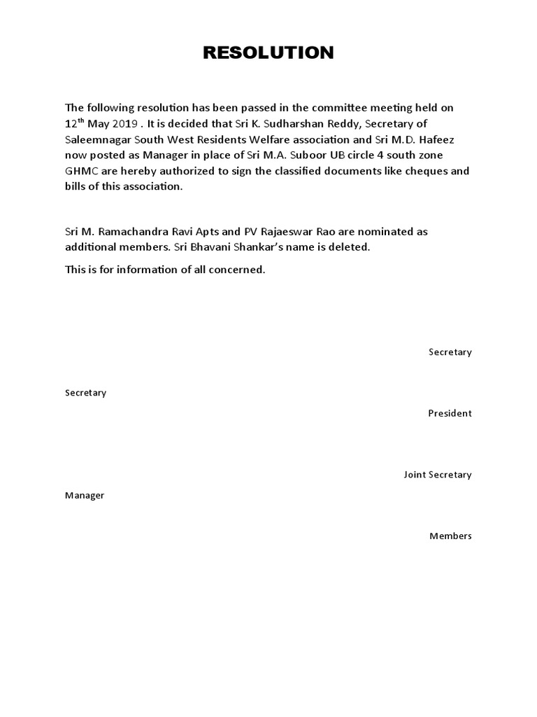 Committee Resolution on Authorized Signatories | PDF
