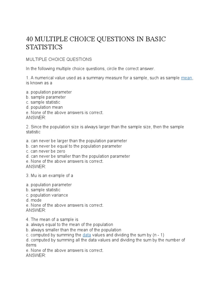 40 Multiple Choice Questions in Statistics | PDF | Mean | Mode (Statistics)