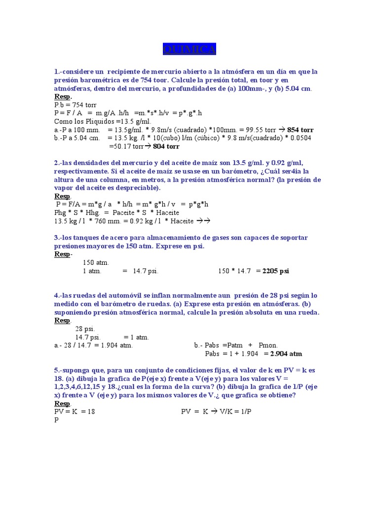 Ejercicios de Presión y Gases Ideales | PDF | Humedad | Humedad relativa