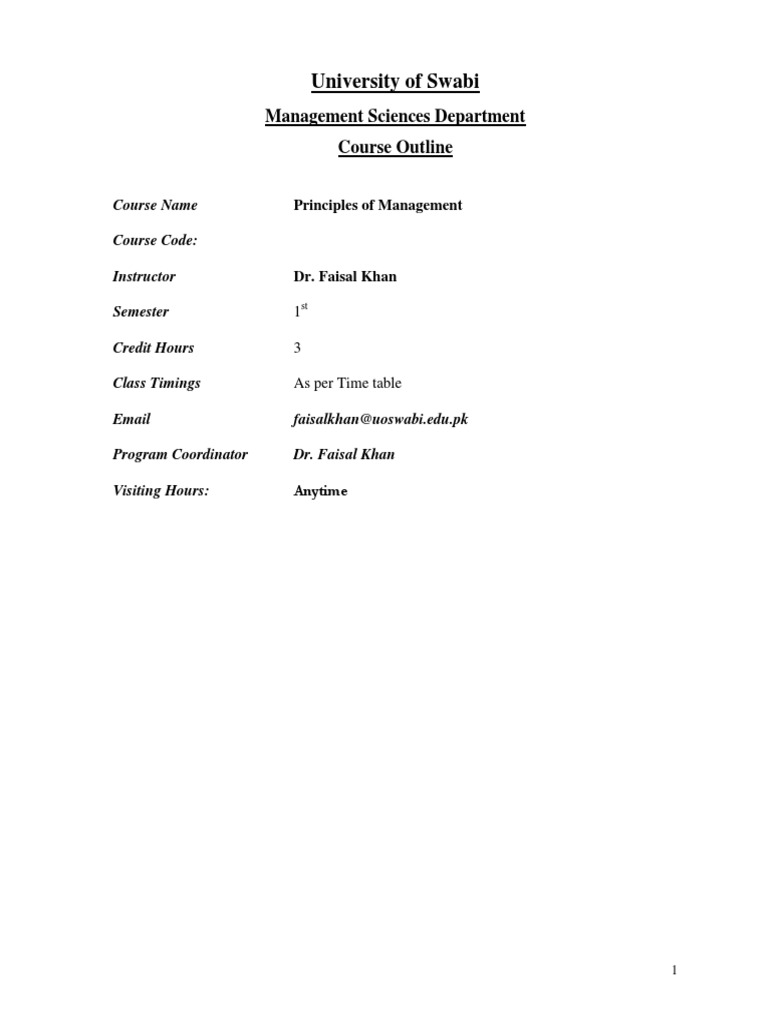 Principles of Management Course Outline | PDF | Leadership | Strategic ...