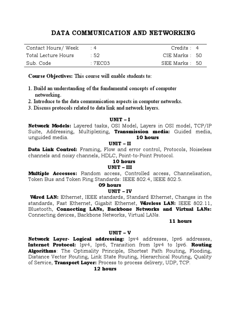 Data Communication and Networking: Course Objectives: This Course Will ...