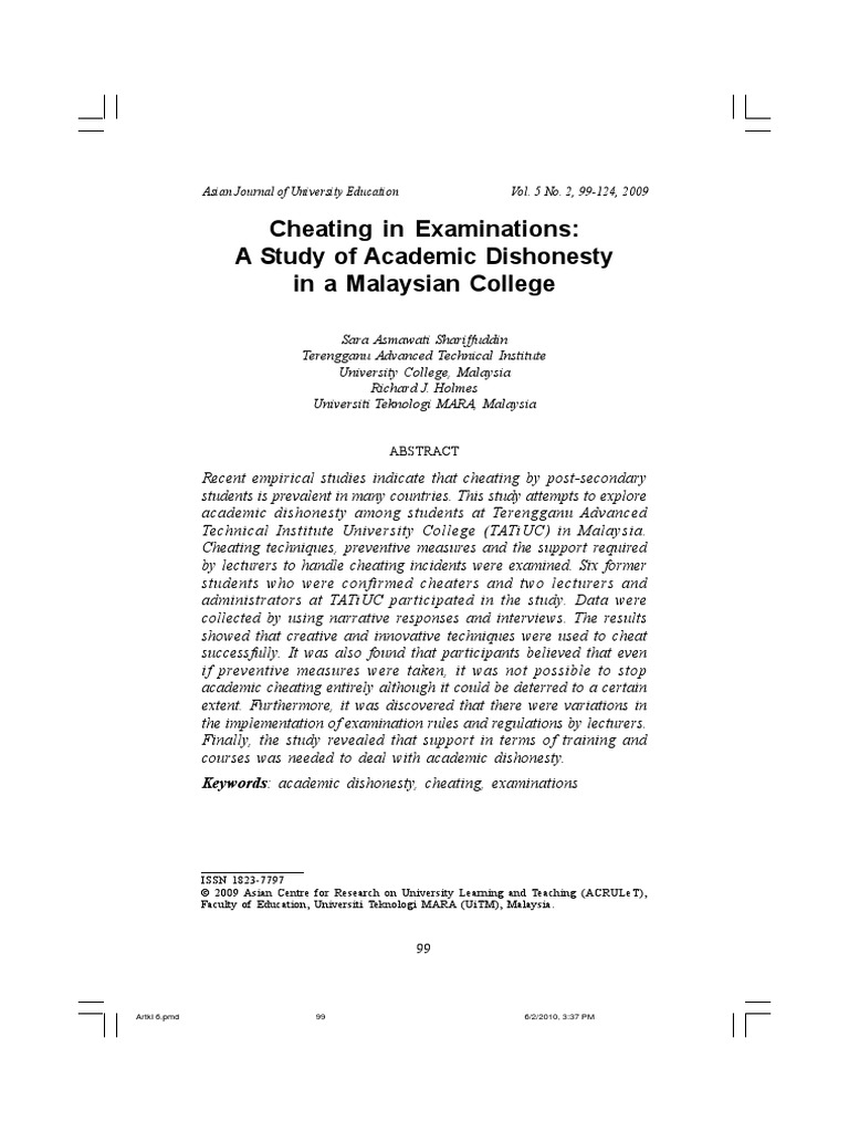 Cheating in Examinations A Study of Academic Dishonesty in A Malaysian ...