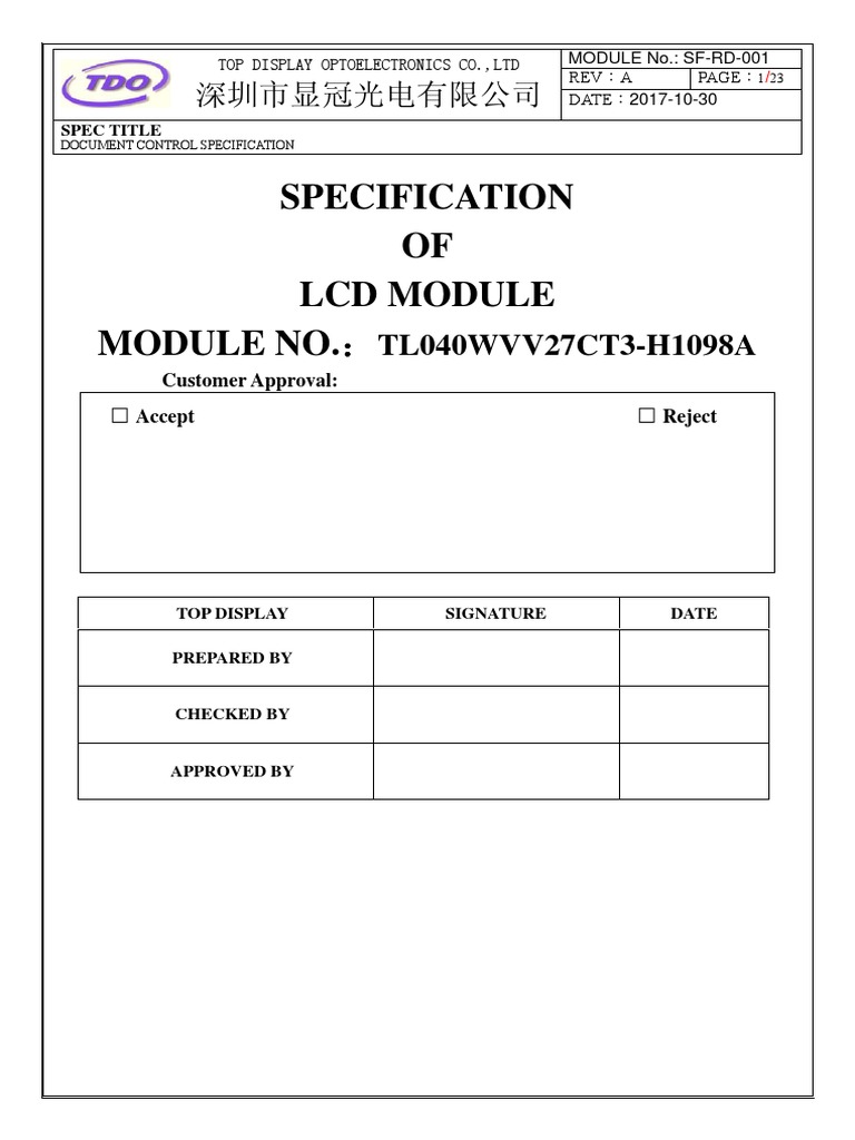 LCD Module Specification Document | PDF | Backlight | Specification ...