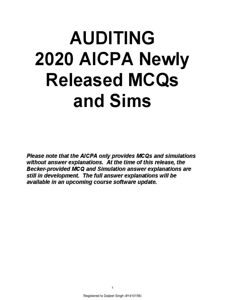 AICPA Newly Released MCQs PDF Internal Control Audit
