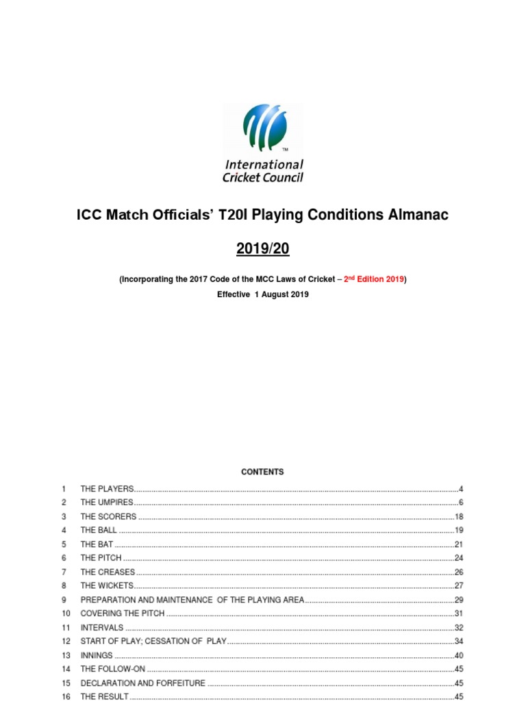 ICC Men's T20 Playing Conditions 20192020 Almanac Final 240120 PDF