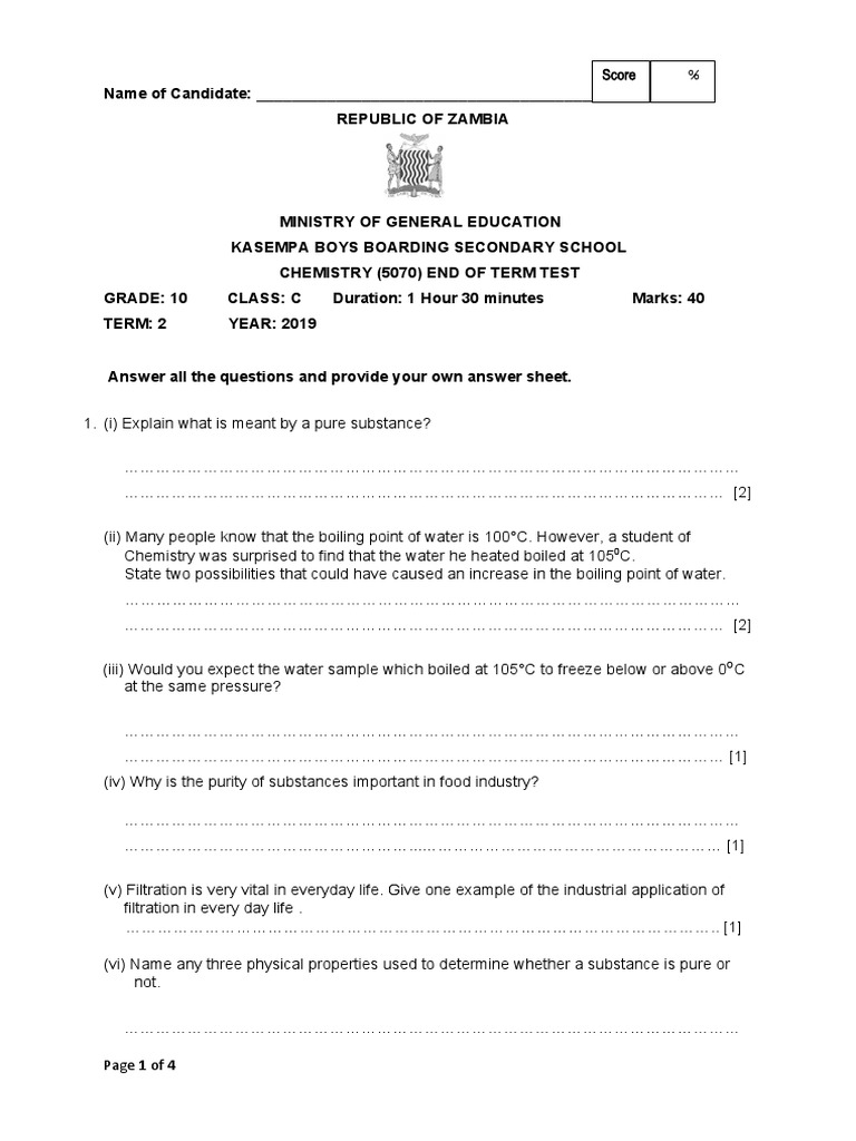 Grade 10 Chemistry Term 2 Test Paper | PDF | Chemical Elements ...