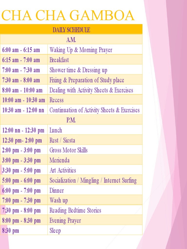 Daily Schedule for Cha Cha Gamboa | PDF | Cooking, Food & Wine | Home ...