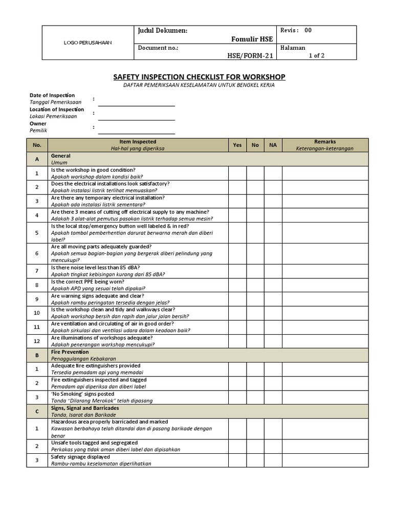 Checklist Keselamatan Bengkel Kerja | PDF